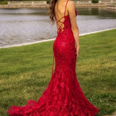 Elegant mermaid lace-up back red prom dresses