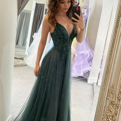 A line v neck straps green tulle prom dress with beading