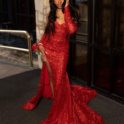 Mermaid sweetheart red sequin split prom dresses - Thumbnail 1