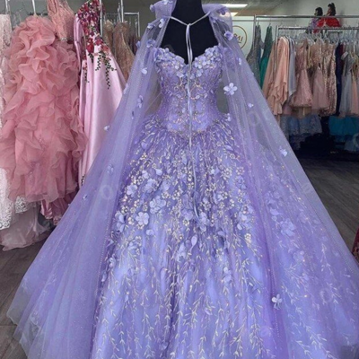 Ball gown purple lace prom dresses with cape - Thumbnail 1