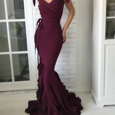 Off the shoulder wine red stain long prom dress - Thumbnail 2