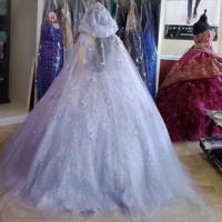 Ball Gown Purple Lace Prom Dresses With Cape - Thumbnail 1