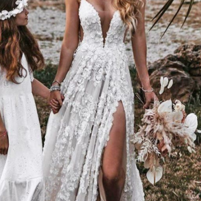 A-line straps v neck lace mermaid prom dress with split  - Thumbnail 2