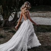 A-line Straps V Neck Lace Mermaid Prom Dress With Split  - Thumbnail 1