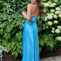Elegant V-neck Spaghetti Straps Long Blue Prom Dress With Beading - Thumbnail 1