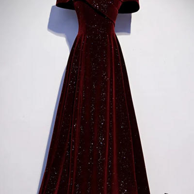 Off shoulder burgundy velvet a line prom dresses - Thumbnail 1