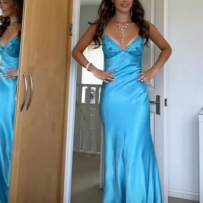 Elegant v-neck spaghetti straps long blue prom dress with beading - Thumbnail 1