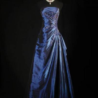 Charming a line sleeveless navy blue long prom dresses with beading - Thumbnail 1