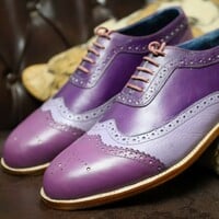 Crafted Leather Classic Purple Leather Wingtip Oxford Dress Shoes - Thumbnail 1