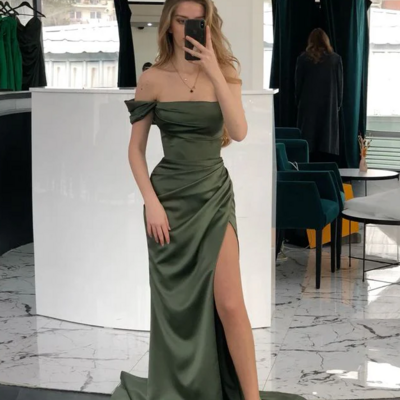Charming olive green stain formal prom dresses with split