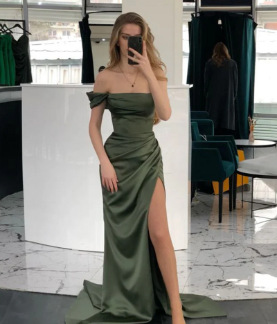 Charming Olive Green Stain Formal Prom Dresses With Split
