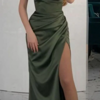 Charming Olive Green Stain Formal Prom Dresses With Split - Thumbnail 1