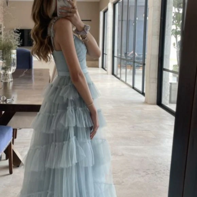 Sweet ruffles pleated light blue tulle prom dresses