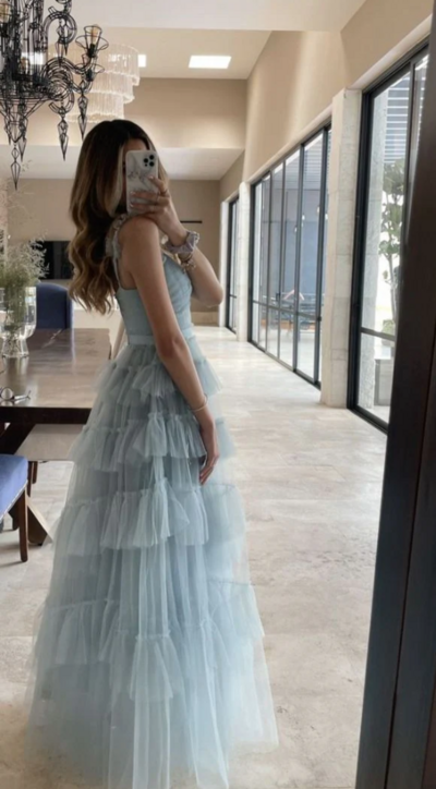 Sweet Ruffles Pleated Light Blue Tulle Prom Dresses