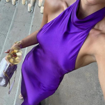 Elegant halter open back purple prom dresses