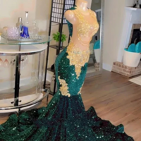 Sparkly Dark Green Sequin Mermaid Prom Dresses With Golden Lace Appliques - Thumbnail 1