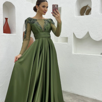 Modest a-line satin long sleeve prom dresses with beading