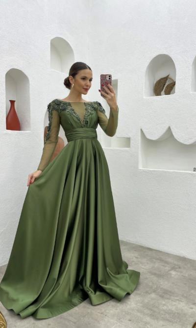 Modest A-line Satin Long Sleeve Prom Dresses With Beading