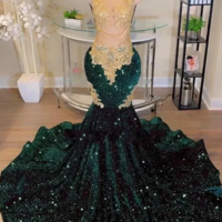 Sparkly Dark Green Sequin Mermaid Prom Dresses With Golden Lace Appliques - Thumbnail 2