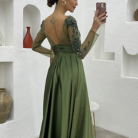 Modest A-line Satin Long Sleeve Prom Dresses With Beading - Thumbnail 1