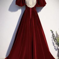 A Line Burgundy Velvet Open Back Prom Dress - Thumbnail 1