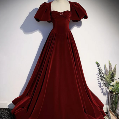 A line burgundy velvet open back prom dress