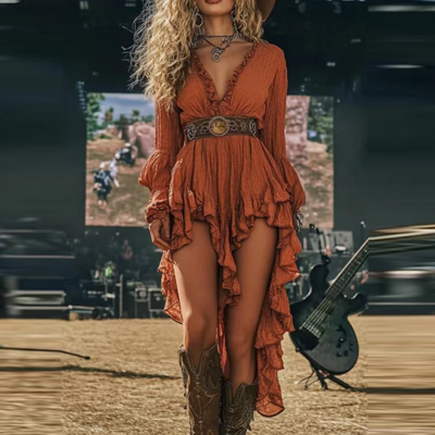 Boho Retro Ruffle Irregular Hem Dress