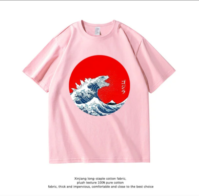 Pink T-shirt with waves and sunset