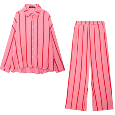 Shirt top casual wide-leg pants versatile striped loose temperament suit