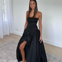 Strapless A-Line Elegant Black Front Split Long Prom Dress - Thumbnail 2
