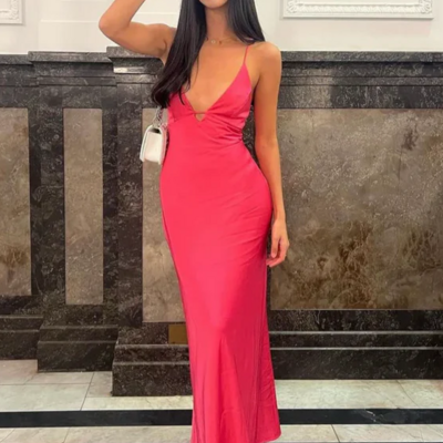 Fuchsia simple v neck straps long party dresses - Thumbnail 1