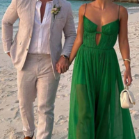 A-Line V Neck Straps Green Chiffon Long Prom Dresses - Thumbnail 1