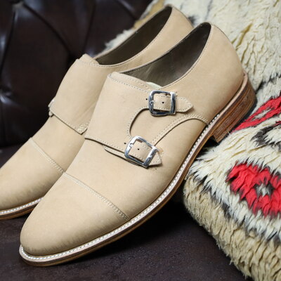 Crafted leather handmade classic cream leather monk strap dress shoes - Thumbnail 2