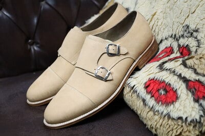 Crafted Leather Handmade Classic Cream Leather Monk Strap Dress Shoes