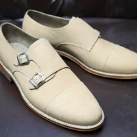 Crafted Leather Handmade Classic Cream Leather Monk Strap Dress Shoes - Thumbnail 8