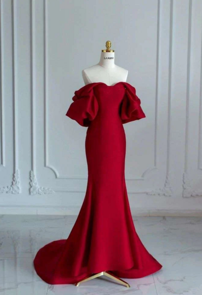 Charming Off Shoulder Mermaid Red Satin Prom Dress,Evening Dress 