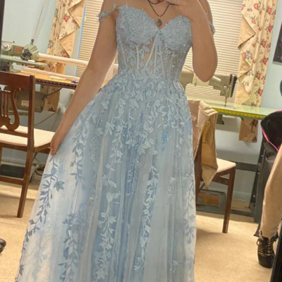 A-line blue lace appliques prom dress