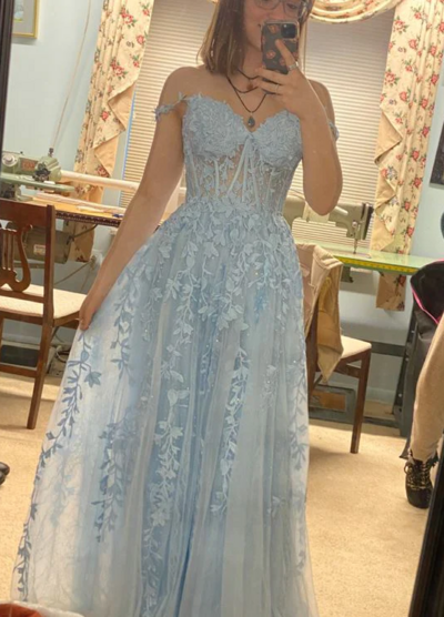 A-line Blue Lace Appliques Prom Dress