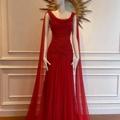 Charming mermaid red chiffon long evening dresses