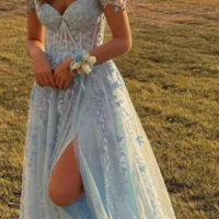 A-line Blue Lace Appliques Prom Dress - Thumbnail 1