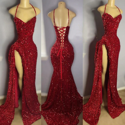 High slit halter sparkly red sexy sequin prom dresses