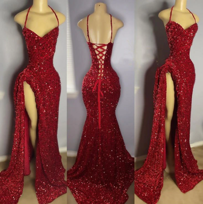 High Slit Halter Sparkly Red Sexy Sequin Prom Dresses