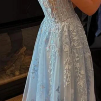 A-line Blue Lace Appliques Prom Dress - Thumbnail 2