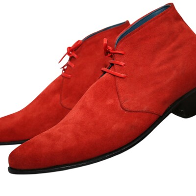 Crafted leather handmade mens chukka suede leather boots in red color