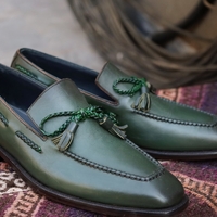Crafted Leather Green Leather Tassel Loafers Dress Shoes - Thumbnail 1