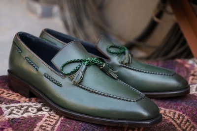 Crafted Leather Green Leather Tassel Loafers Dress Shoes
