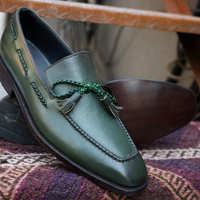 Crafted Leather Green Leather Tassel Loafers Dress Shoes - Thumbnail 2