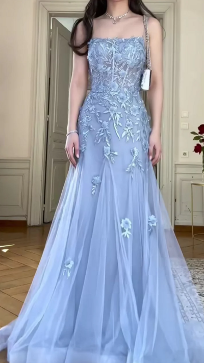 Classy A Line Blue Tulle Appliques Backless Evening Dress