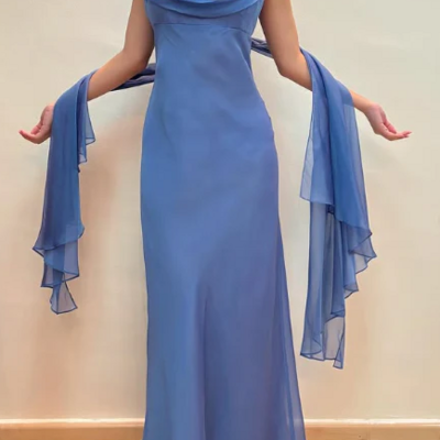 Elegant blue chiffon a line prom dress