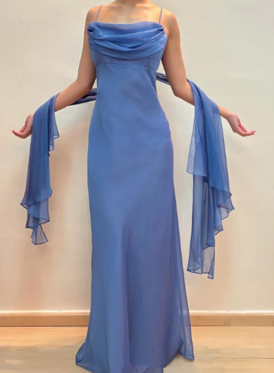 Elegant Blue Chiffon A Line Prom Dress